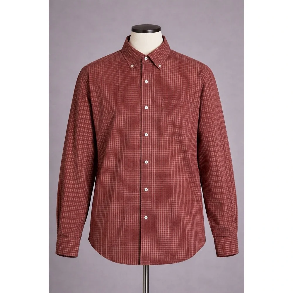 Banana Republic Button Down Shirt Men's Large Burgundy Plaid Long Sleeve Cotton‎